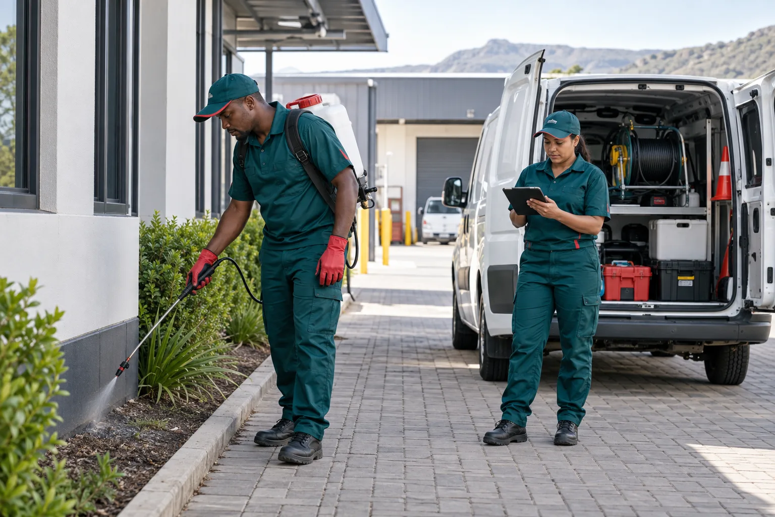 Commercial pest control team carrying out field treatment beside a service vehicle