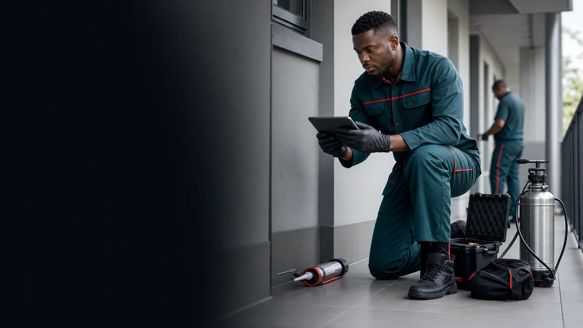 Alpha Pest Controls technician assessing site conditions before treatment