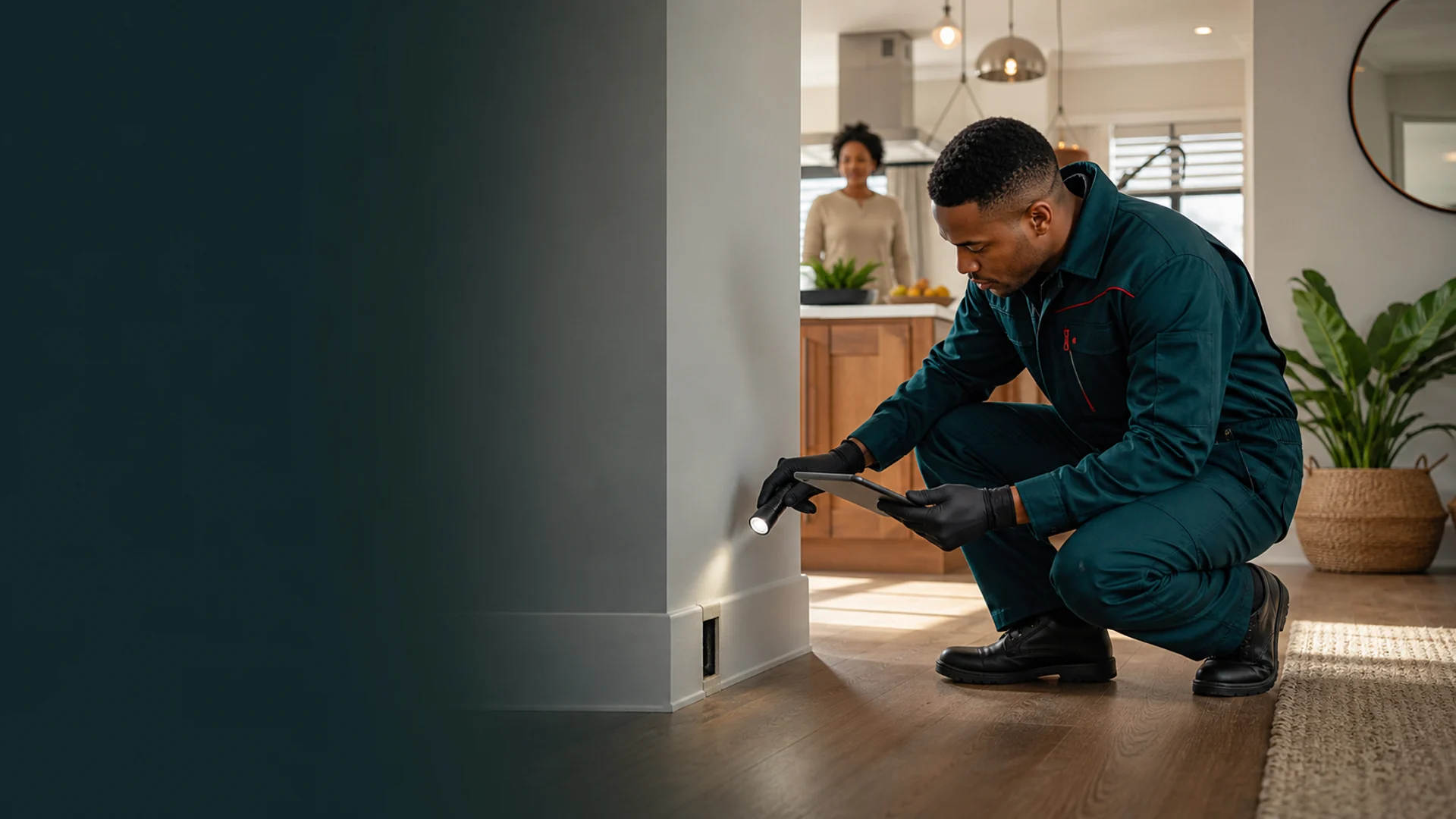 Residential pest control inspection in a home